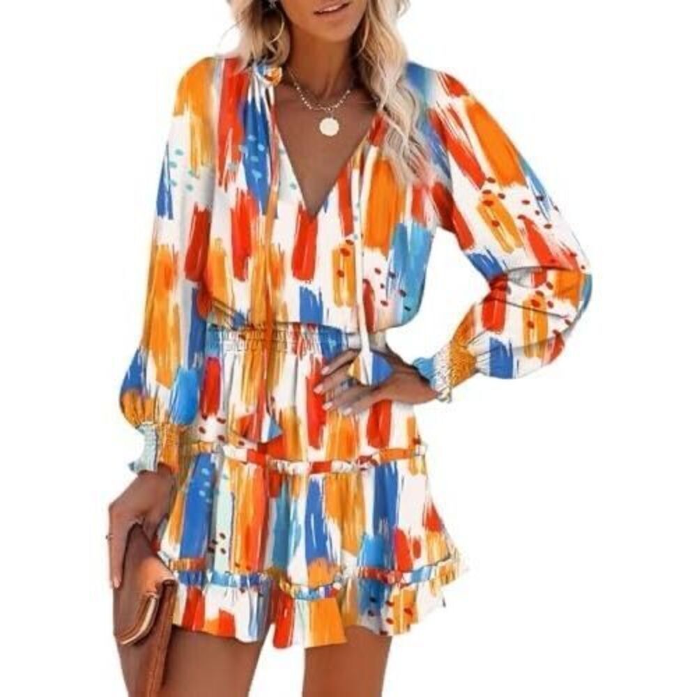 GSTQ Womens Casual Long Sleeve Smocked Ruffle Layer Tunic Dress Swing Mini Dress